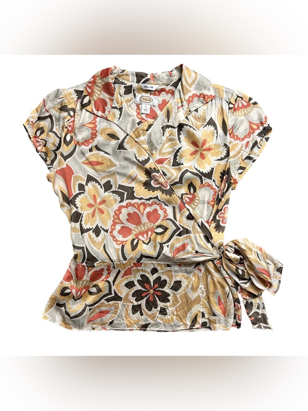Vintage Talbots Pure Silk Floral Short Sleeve Wrap Peplum Blouse Sz Petite